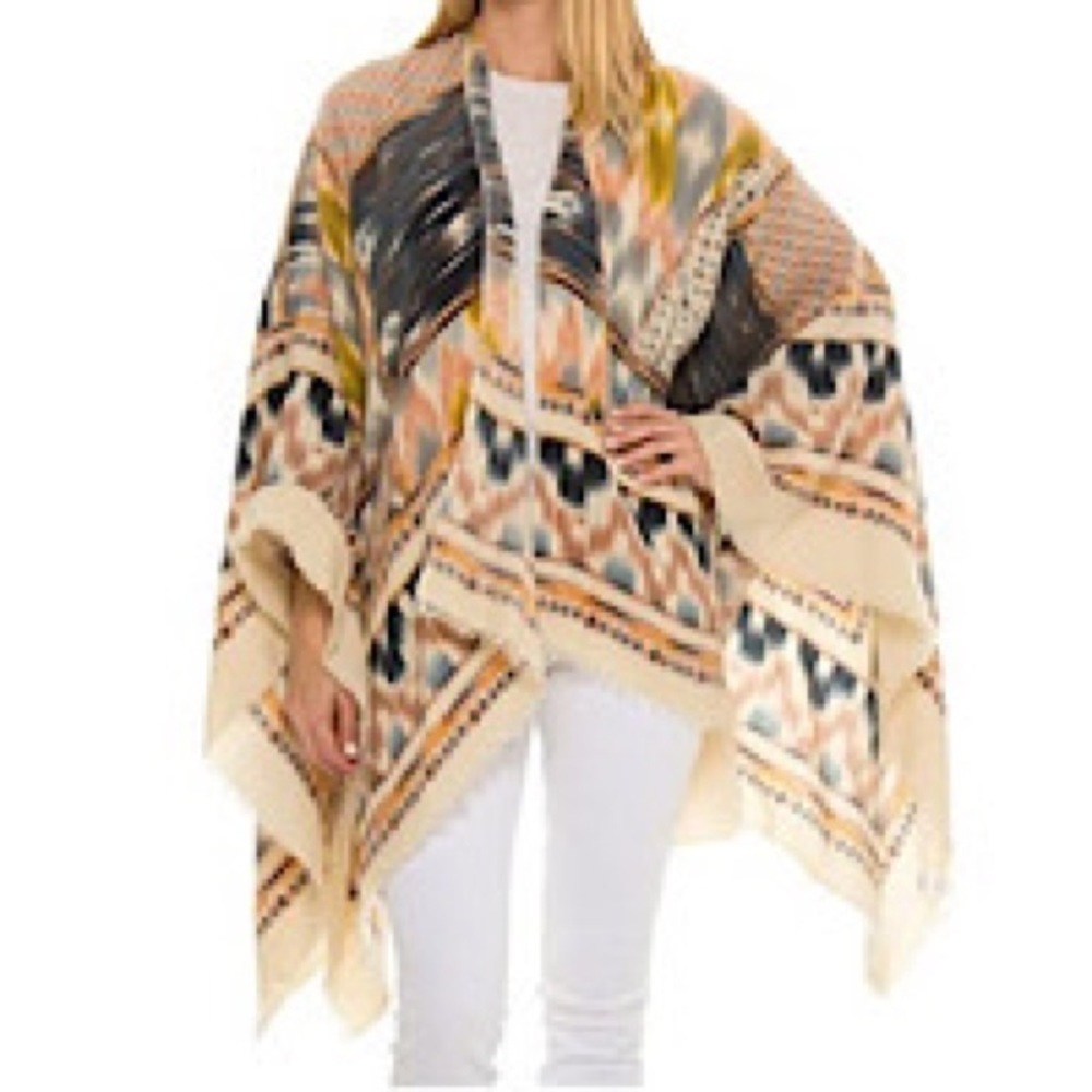 Woven Heart Open Cardigan Kimono Wrap Aztec Print Fringe Hem ONE SIZE